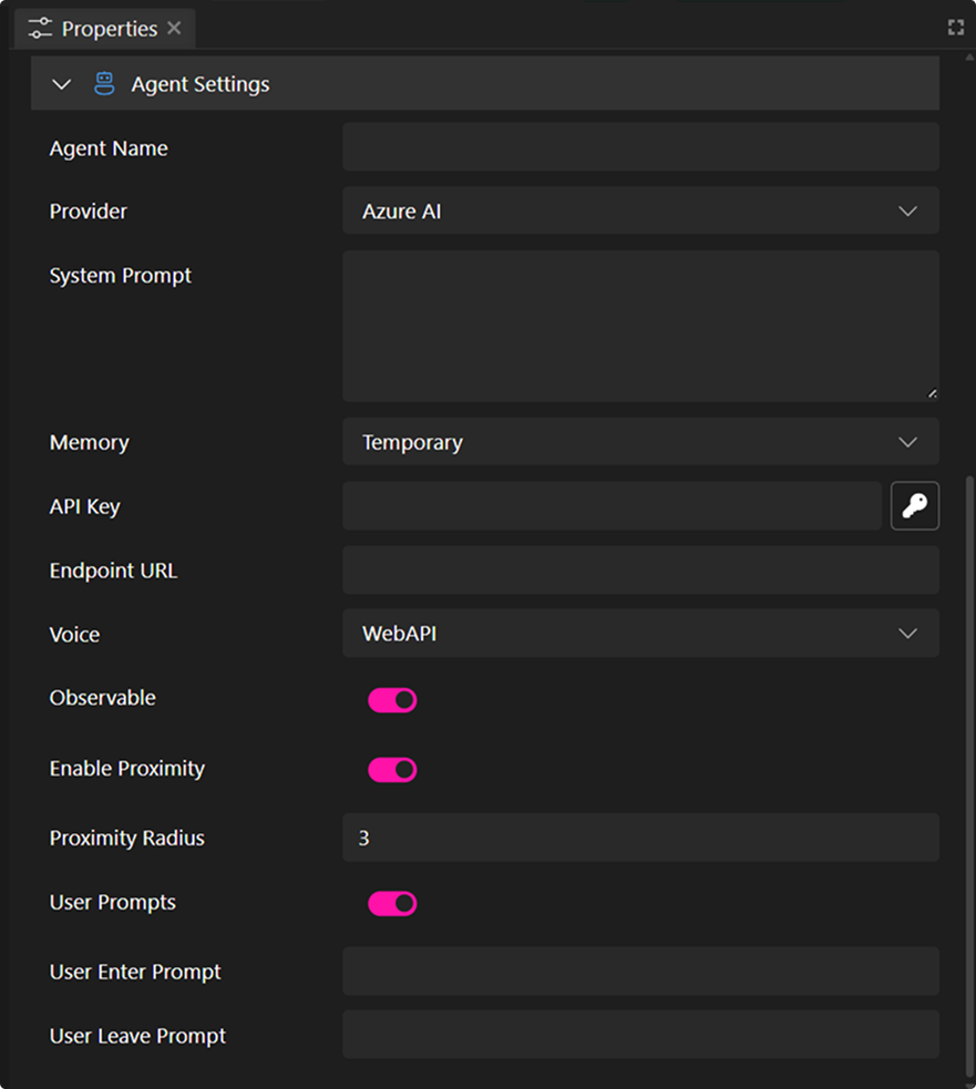Panel de propiedades del agente de IA